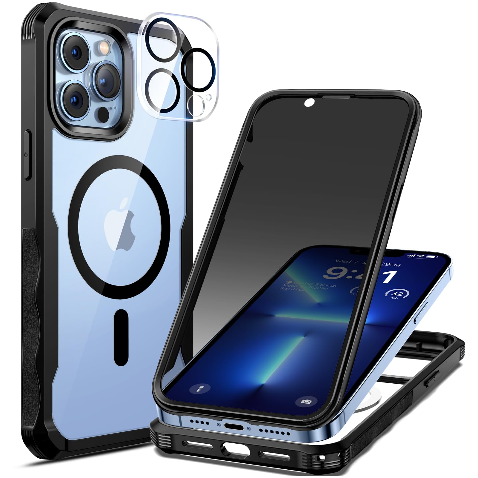 seacosmo Magnetic for iPhone 13 Pro Case 6.1 Inch, Privacy Phone Case Compatible with Magsafe Built-in 9H Tempered Glass Privacy Screen Protector and Camera Protective Full Body Shockproof Case, Black