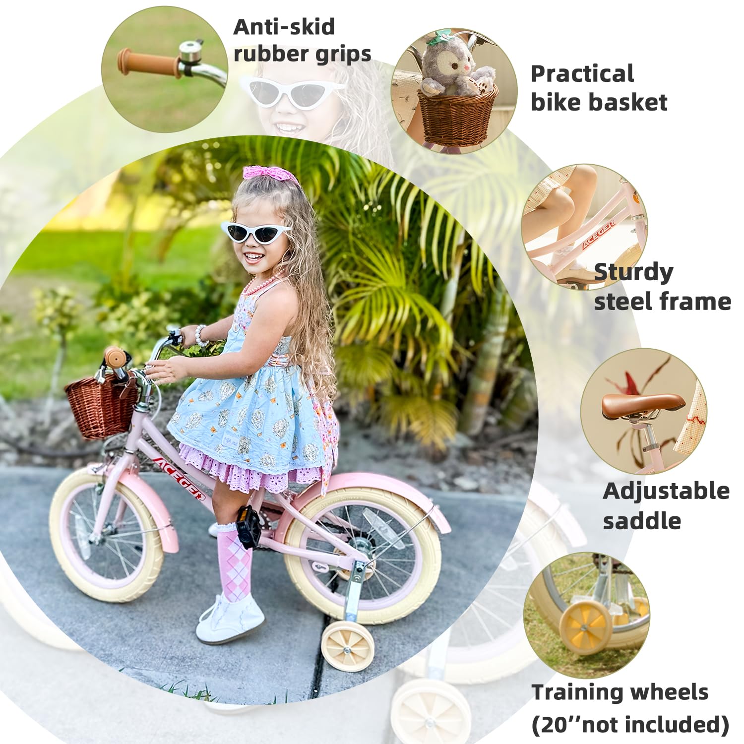 ACEGER Girls Bike with Basket, Kids Bicycle for 3-13 Years, Included Coaster Brake & Caliper Brake, 14 16 18 Inch with Training Wheels, 20 24 26 Inch with Kickstand but no Training Wheels