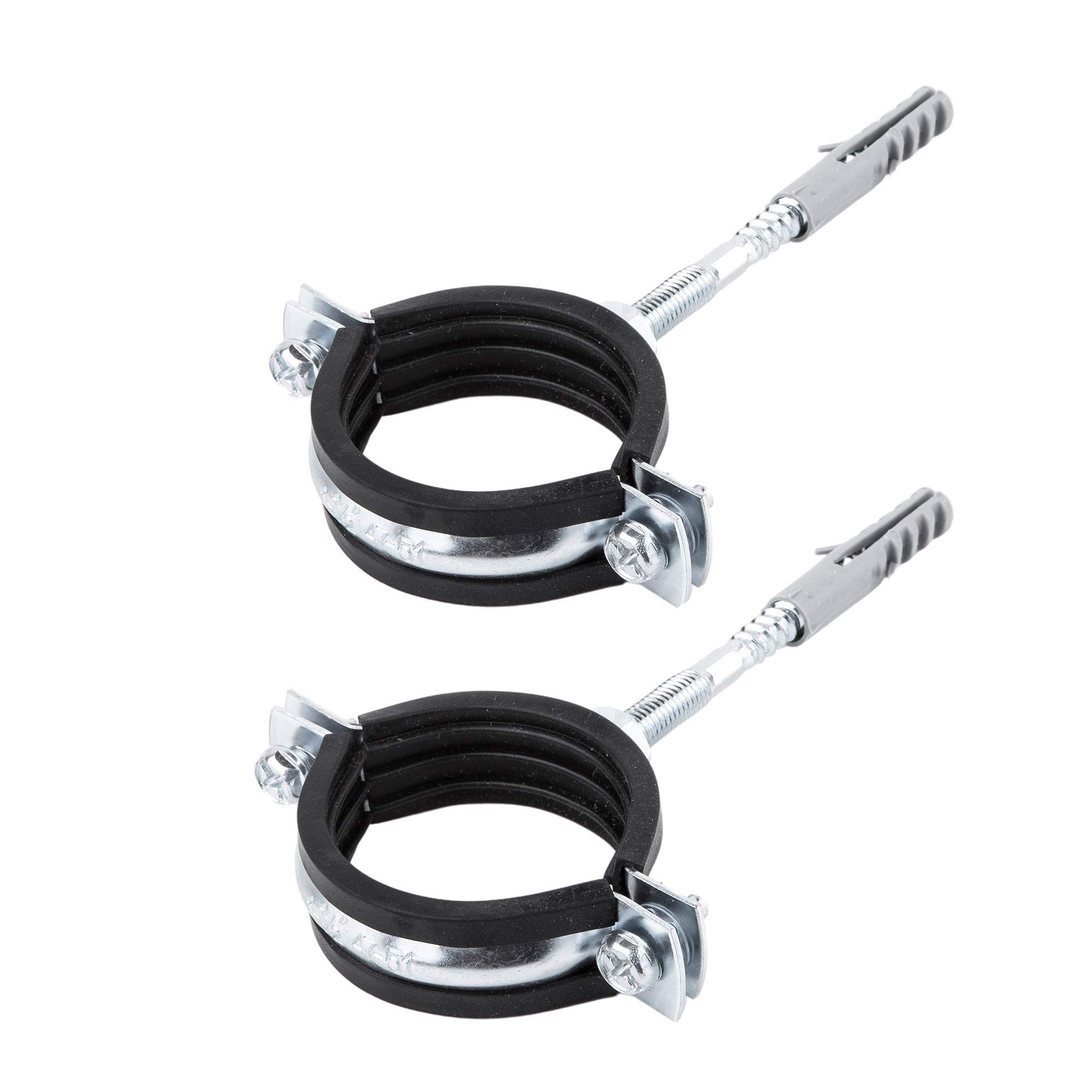 Specialist Pipe Brackets (Pack of 2), Ø 47-51 mm, Silver & Black, Clamp with Rubber Lining for Noise Suppression & All Fittings Included