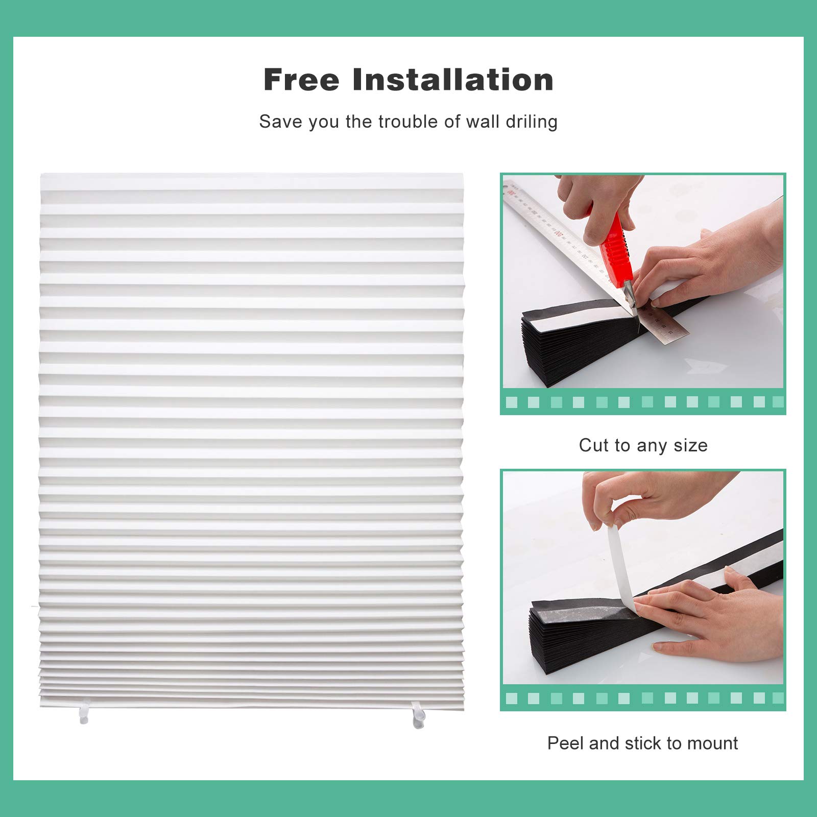 Changshade 6-Pack Pleated Paper Shades Cordless Light Filtering Cut to Size Blinds for Windows of Kitchen, Bedroom, Bathroom, 36”W x 72” H, White