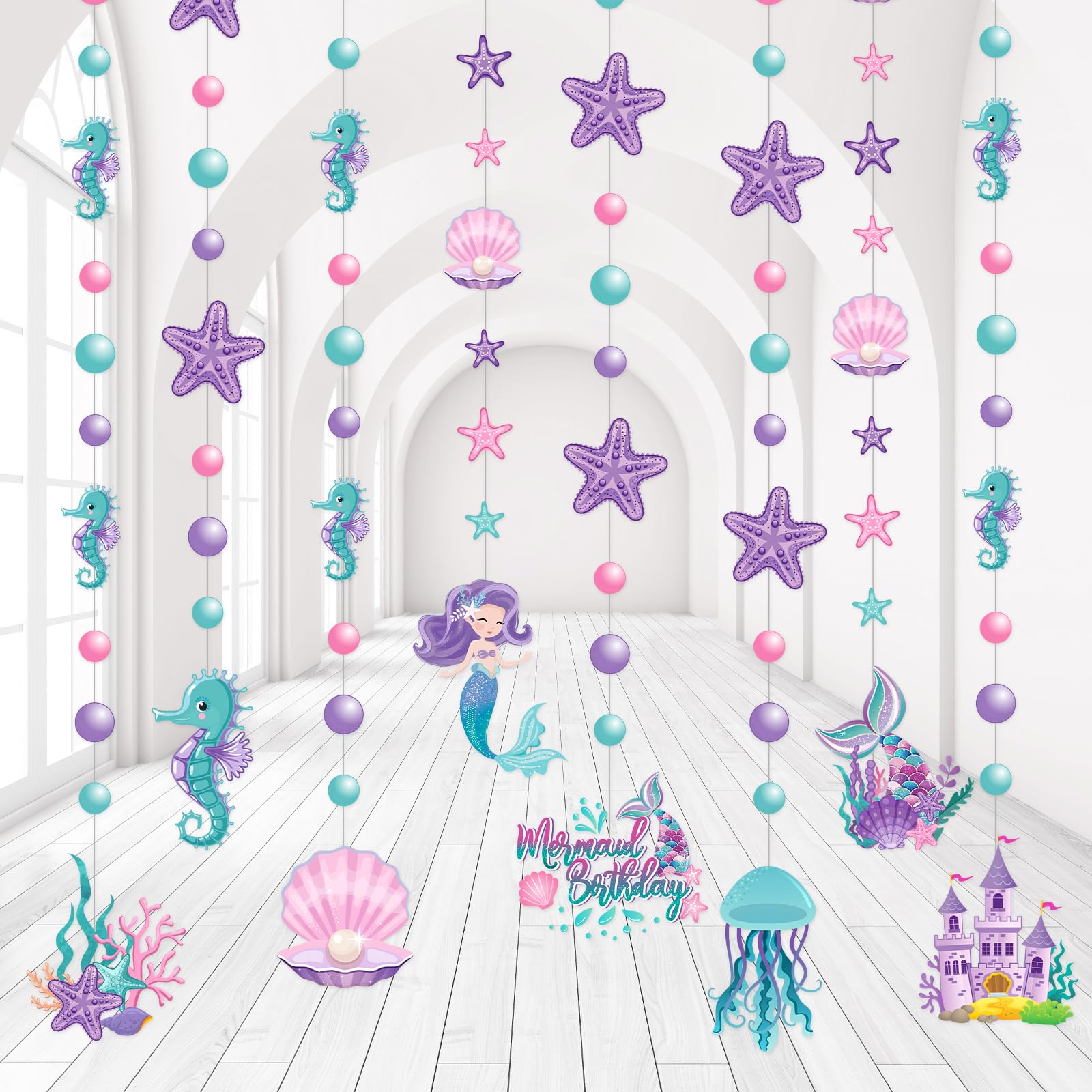 Photo 1 of Cindeer 8 Pcs Mermaid Birthday Party Decorations Summer Under The Sea Garlands Ocean Castle Hanging Banner Pearl Jellyfish Starfish Ceiling Streamers for Kids Girls Baby Shower Wedding Party Supplies