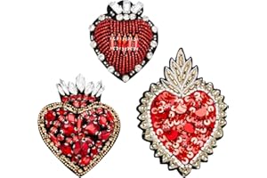 INFUNLY 3pcs Heart Rhinestone Bead Patch Red Crystal Sew On Patches DIY Decorative Patches Handmade Bling Applique for Dress Clothing Jeans Jackets Handbag