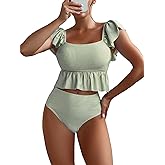 MakeMeChic Women's 2 Piece Bathing Suits Striped Ruffle Trim High Waisted Bikini Swimsuit