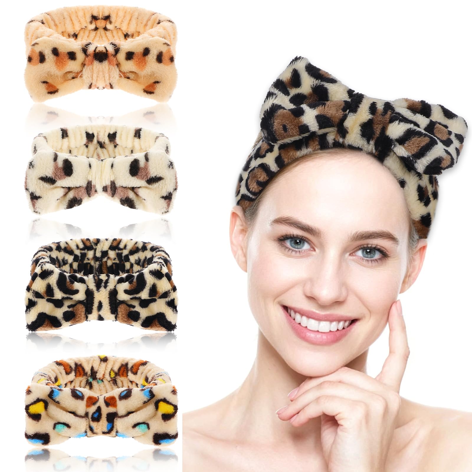 4Packs Soft Coral Fleece Leopard Spa Headband for Makeup, Skincare, Yoga