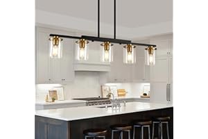 XvmBvm 36.2inch 5-Light Kitchen Island Lighting,Dining Room Lights Modern Farmhouse Chandelier with Clear Glass Shade,Modern Rustic Black and Gold Metal Chandelier, Kitchen Pendant Light Fixtures