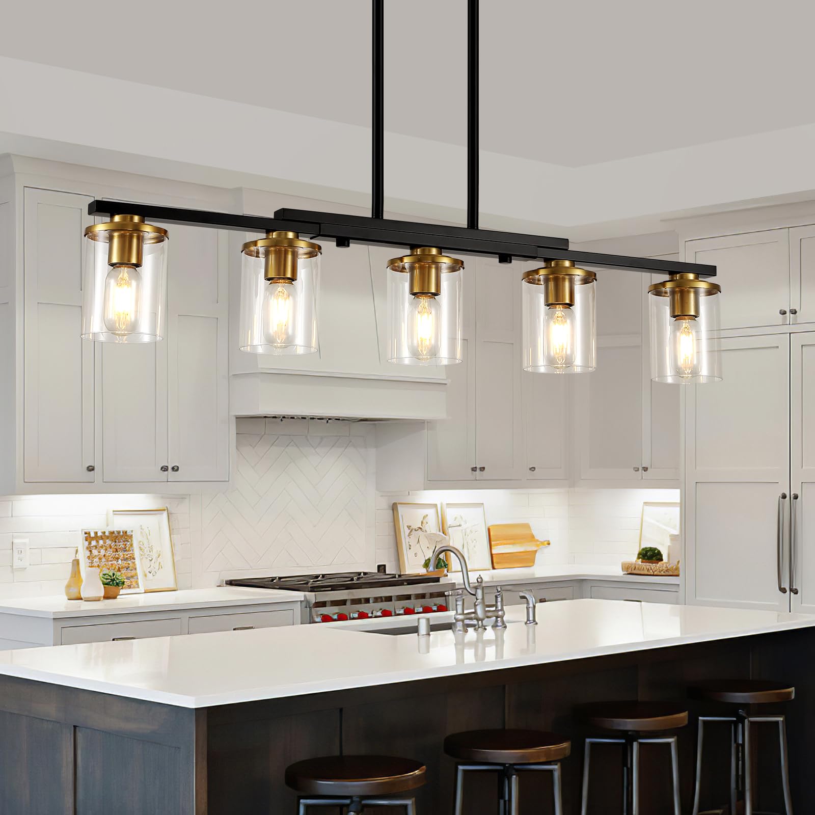 Photo 1 of XvmBvm 36.2inch 5-Light Kitchen Island Lighting,Dining Room Lights Modern Farmhouse Chandelier with Clear Glass Shade,Modern Rustic Black and Gold Metal Chandelier, Kitchen Pendant Light Fixtures