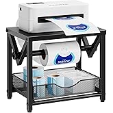 Marbrasse Label Holder for Rolls and Fanfold Labels, Metal Thermal Label Printer Holder with Drawer, Shipping Label Stand,Sticker Roll Holder for Home, Office, Small Business,Black