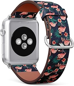 Compatible with Apple Watch 38mm & 40mm (Series 5, 4, 3, 2, 1) Leather Watch Wrist Band Strap Bracelet with Stainless Steel Clasp and Adapters (Beautiful Flamingo Bird Flowers)