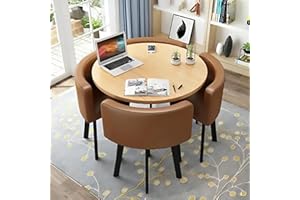 NUIPESN Office Reception Table Set for 4, Versatile Small Coffee Dining Table and Chair Set, Round/Square Furniture for Conference Room, 31.5 (Natural + Brown, Round, Leather, 31.5"L*31.5"W*29.13"H)