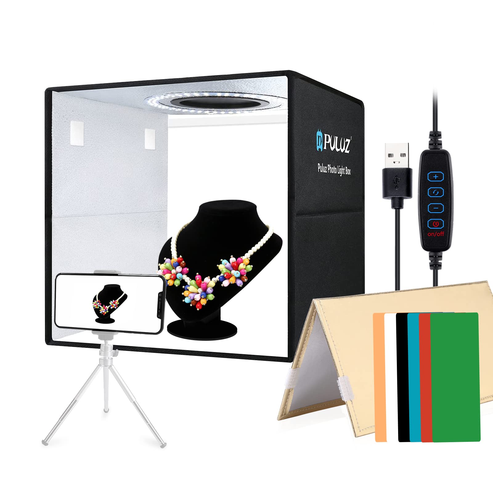 PULUZ 12''×12'' Portable Photography Light Box,Dimmable Photo Studio Light Box with 112 High CRI LED Lights & 6 PVC Backdrops & 3 Reflection Boards for Small Items Product Photography