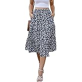 Lyrur Women's Floral Midi Skirt with Pockets High Elastic Waist Flowy Ruffle Casual Summer Boho Aline Skirts