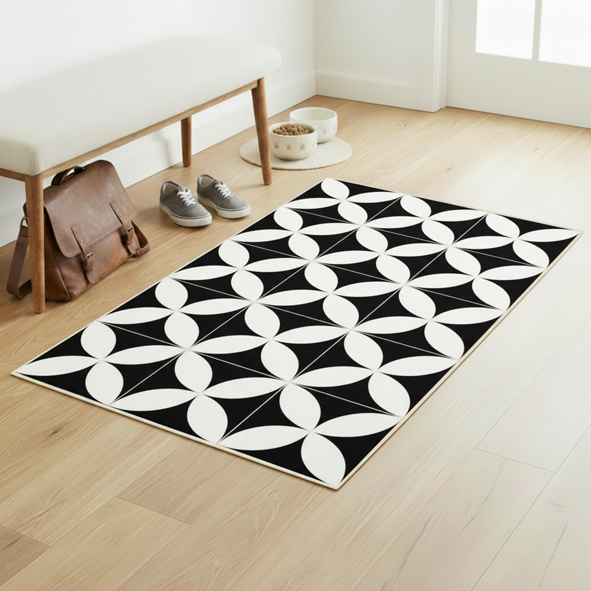 Ambiance-Live PVC carpet. Non-slip Floor protection. Cement tile design. Hand wash. Thickness: 2.2 mm. 60 cm x 100 cm. Black and white.