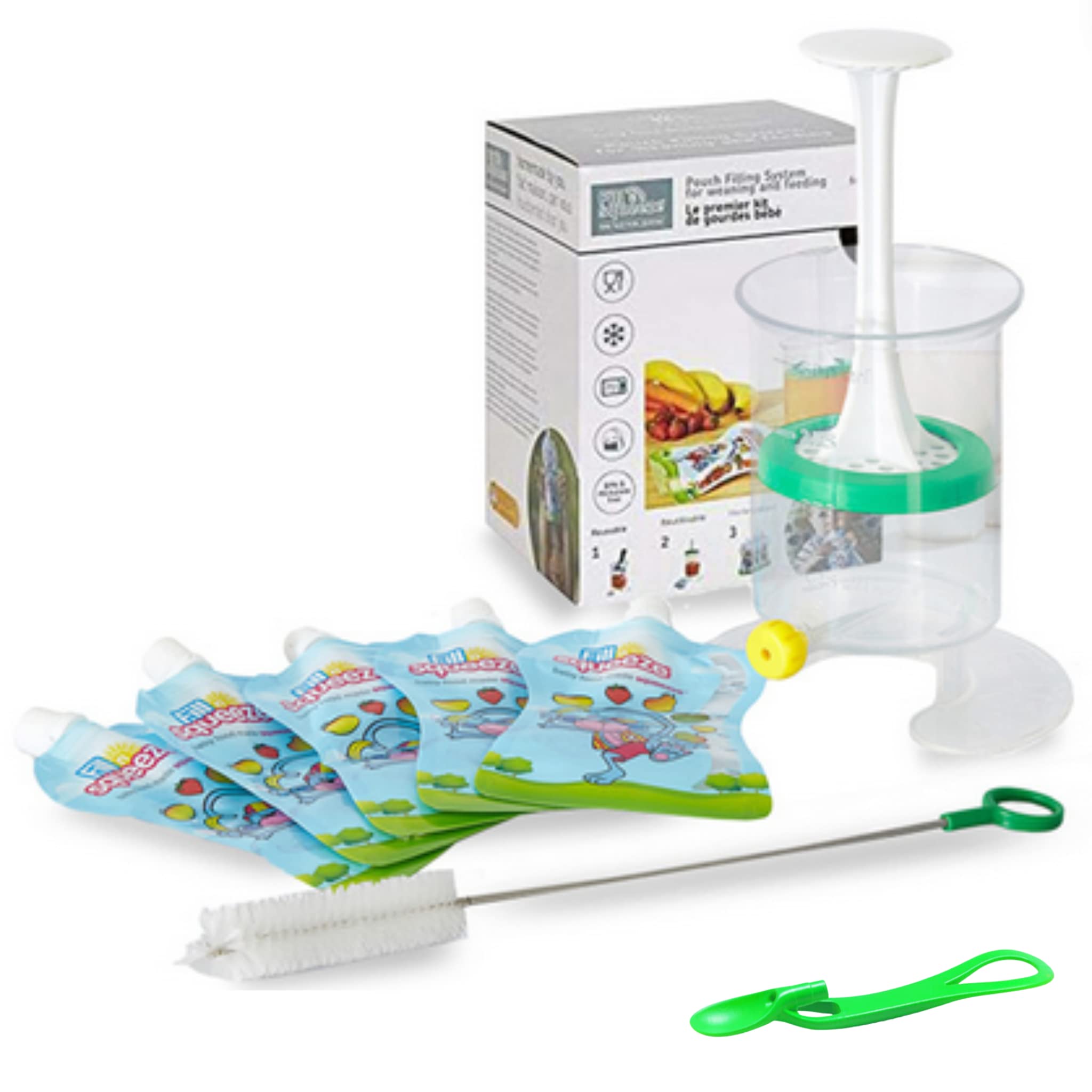 Fill n Squeeze Homemade Food Pouch Filler Kit with 5 Reusable Pouches, Pouch Spoon & Cleaning Brush for Weaning, Baby Food, Toddler Snacks. Reusable Pouches, Freezer Safe and Microwavable. — image 1