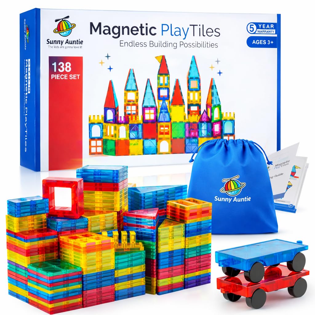 SUNNY AUNTIE Magnetic Tiles 138 PCS XL Set with Storage Bag – Magnetic Building Tiles for Kids Ages 3-8, STEM Magnet Construction Toy for Boys & Girls