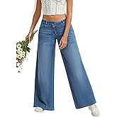AIMILIA Women's Low Rise Wide Leg Jeans, Boyfriend Baggy Straight Leg Stretch Denim Pants, Crossover Closure Casual Trouser