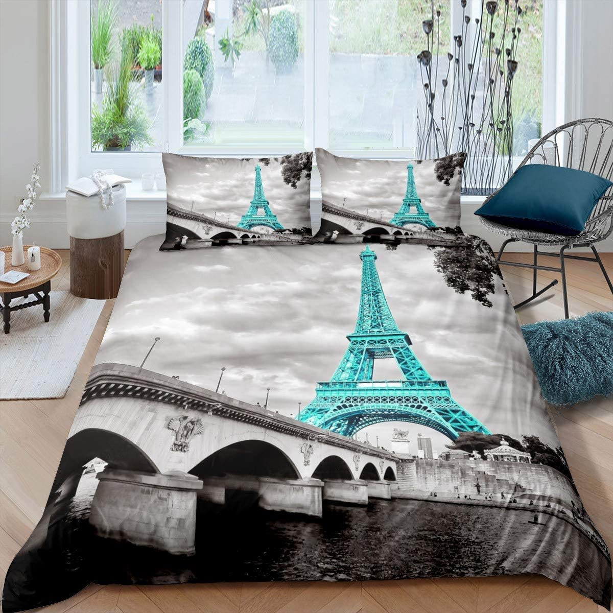 Loussiesd Eiffel Tower Duvet Cover Set Girls Chic Teal Paris Theme Bedding Set for Kids Teens Women Bedroom Decor Paris Cityscape Comforter Cover Microfiber Modern French Style Bedspread Cover Double — image 1