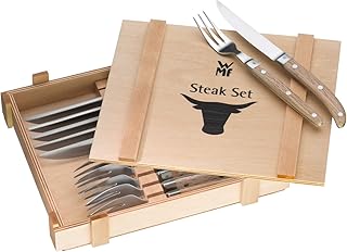 WMF Ranch Steakbesteck 12-teilig, für 6 Personen, Steakgabel, Steakmesser, Spezialklingenstahl geschmiedet, Cromargan Edelstahl mattiert, Eichenholz geölt