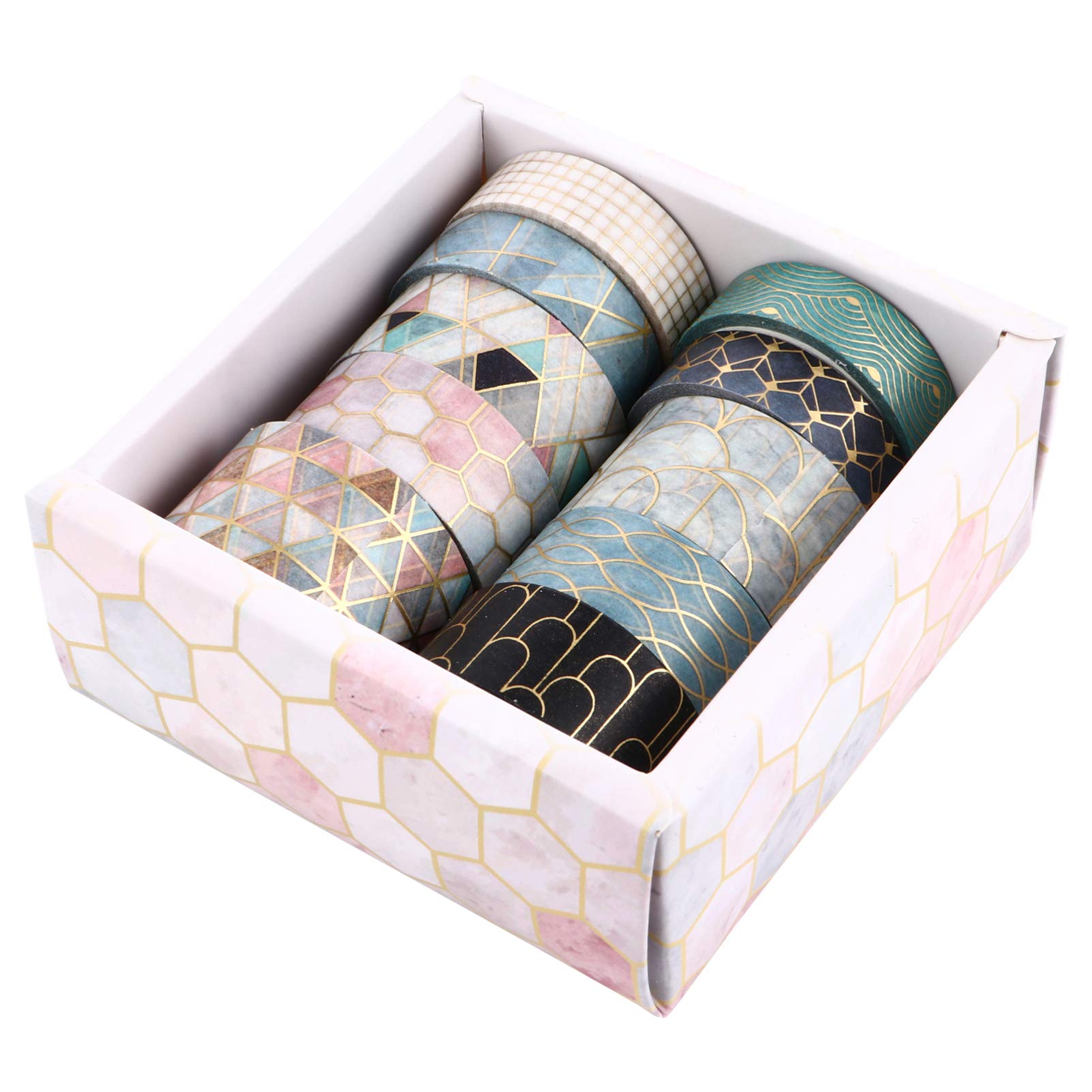 NUOBESTY 10 Rolls of Washi Tape Set Washi Masking Geometric Decorative Masking Tapes for Scrapbooking Decorative Labelling Tapes for DIY Craft