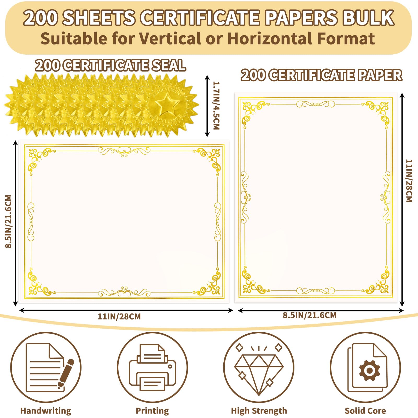 Condition photo showing New/Like New for 200 sheet gold foil award certificate paper bulk 8.5 x 11 in for printing customizable blank cardsto