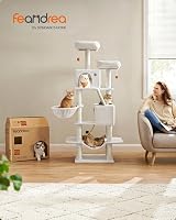 Feandrea Cat Tree 168 cm Large Tower 13 Scratching Posts 2 Caves Cream White view 2