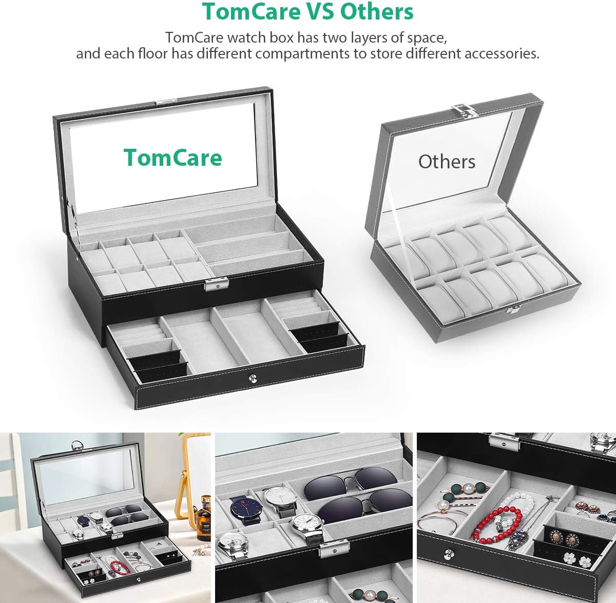 TomCare Upgraded Watch Box Watch Case Jewelry Organizer Holder Jewelry Display Box Case Drawer Sunglasses Storage Earrings Storage Organizer Lockable with Glass Top and PU Leather for Men Women, Black: Home & Kitchen