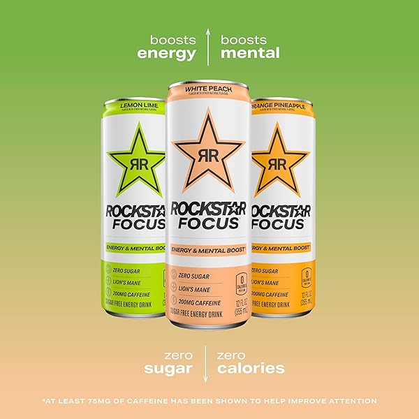 ROCKSTAR FOCUS, 3 FLAVOR VARIETY PACK (WHITE PEACH, LEMON LIME, ORANGE PINEAPPLE), 12 FL OZ CANS (PACK OF 12)