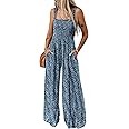 Dokotoo Women's Casual Loose Overalls Jumpsuits One Piece Sleeveless Printed Wide Leg Long Pant Rompers With Pockets