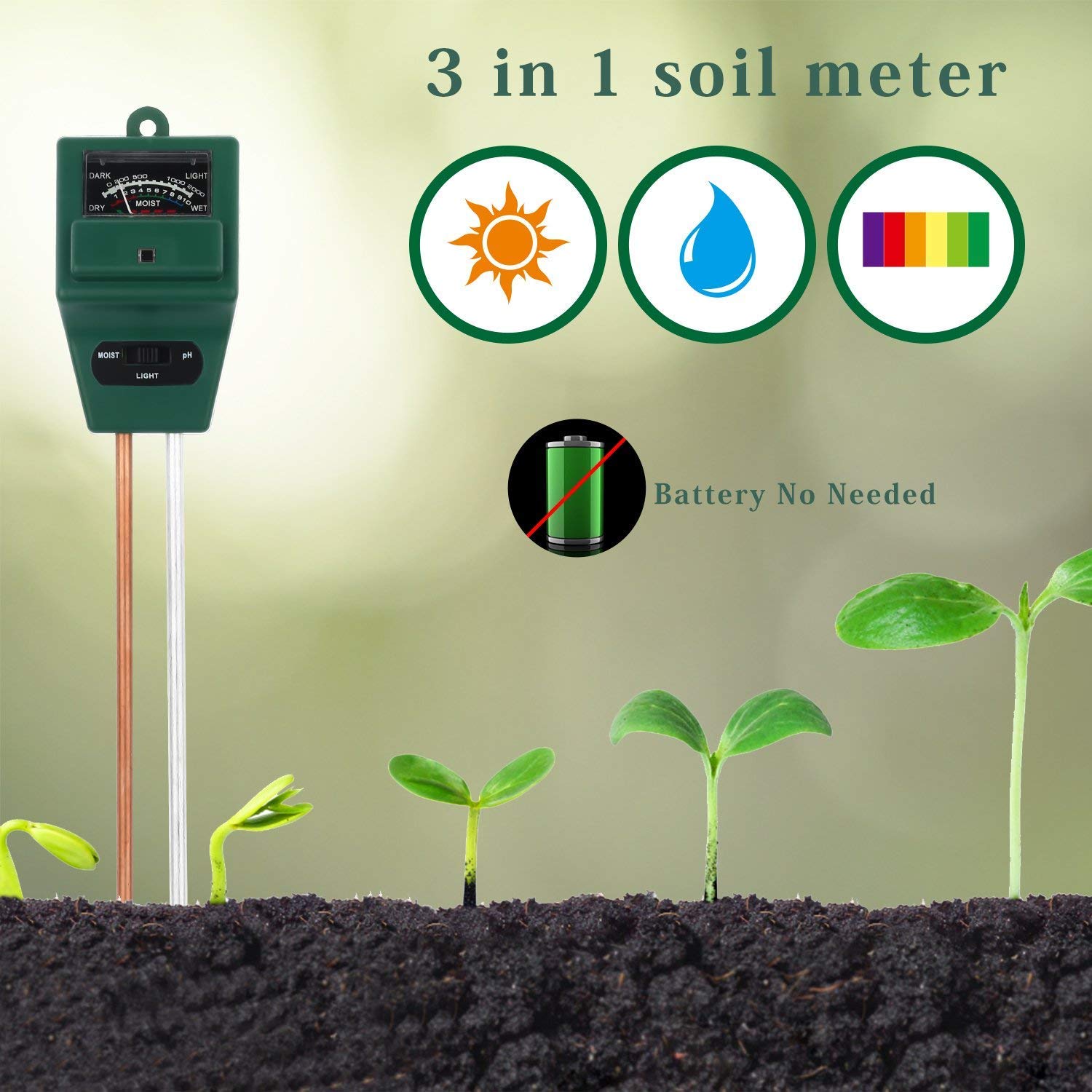 Aitere Soil pH Meter, MS01 3-in-1 Soil Moisture/Light/pH Tester Gardening Tool Kits for Plant Care, Great for Garden, Lawn, Farm, Indoor & Outdoor Use (Green)