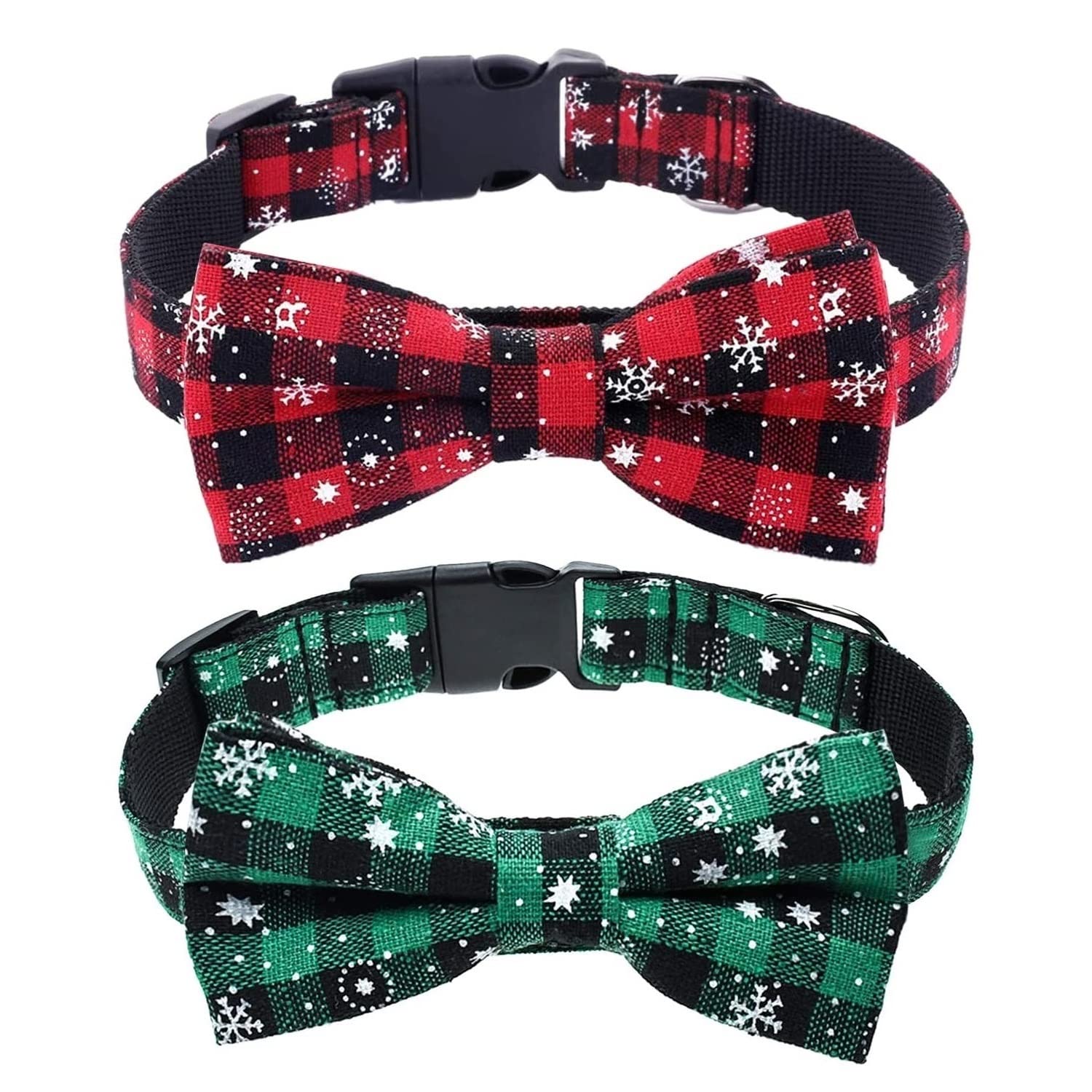JunD Christmas Cats Dog Collar with Bow Tie, 2 Pack Dog Bow Tie Collars, Adjustable Plaid Red Green Collars for Dogs and Cats, Quick Release Safe Collar for Dog Christmas and Holiday Parties (XL)