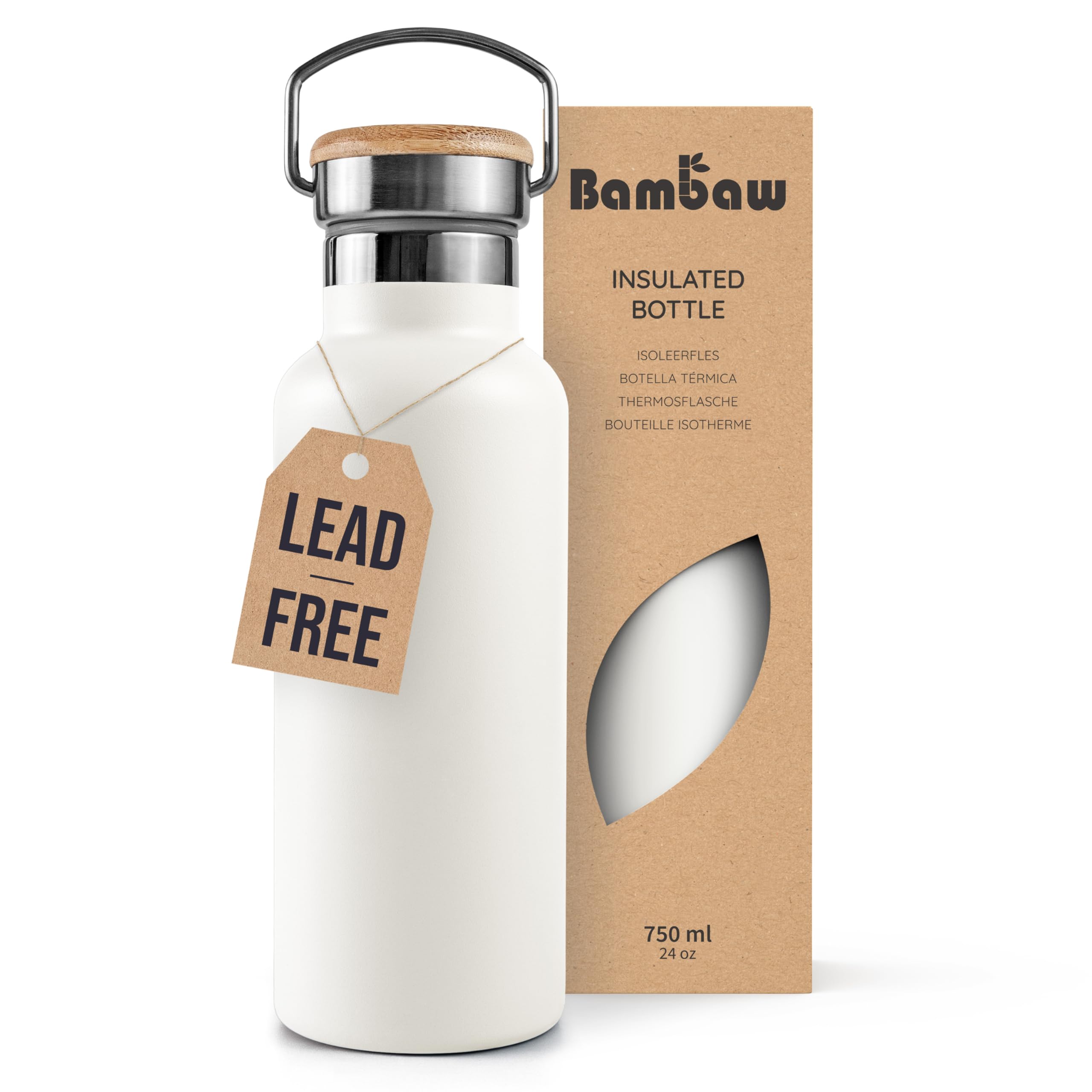 Bambaw Insulated Stainless Steel Water Bottle 750ml, Metal Water Bottle 750ml, Double-Walled, Rust-Resistant, Compact & Ideal for On-the-Go Use (Polar White)