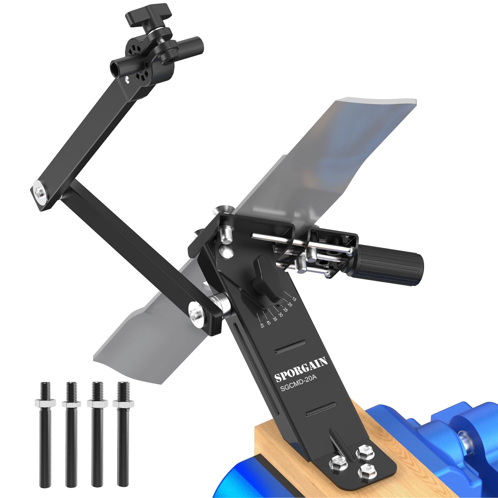 Photo 1 of SporGain Lawn Mower Blade Sharpener, 15°–45° Adjustable Sharpening Frame, Fits 1.65"–3.60" Mower Blades, Use with Angle Grinder, Precision Lawn Mower Blade Sharpening Tool