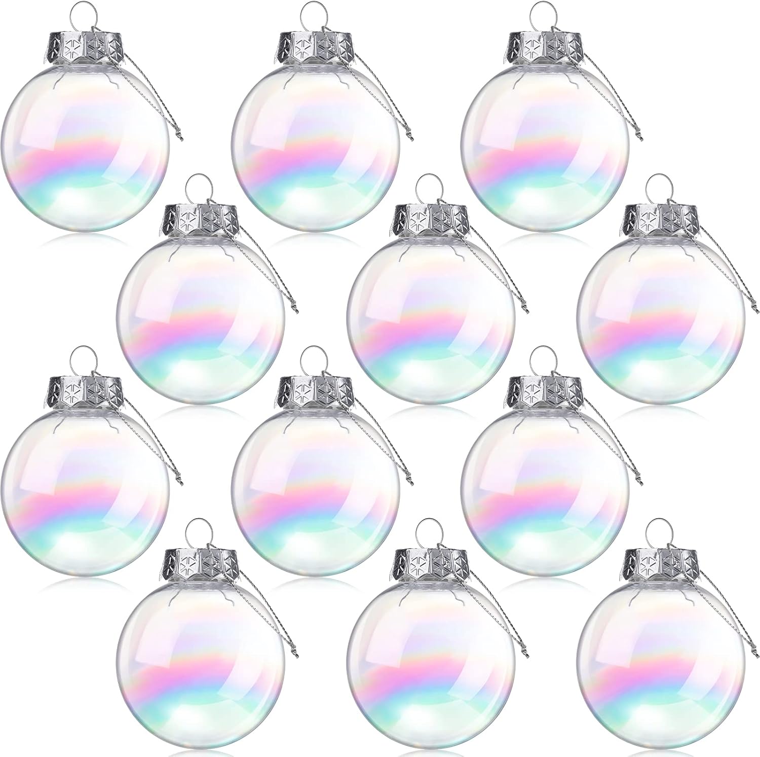 Ornaments - 12 Pcs Christmas Iridescent Ornaments Plastic Ball, Christmas Ball Ornaments Rainbow Ball Hanging Baubles Fillable Ornaments for Christmas Tree DIY Wedding Party Decorations (60 mm)