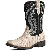 IUV Cowboy Boots for Men Faux Snake Skin Embroidered Western Boots Slip Resistant Square Toe Pull on Mid Calf Cowboy Boot