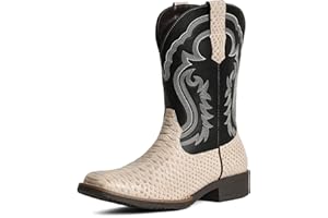IUV Cowboy Boots for Men Faux Snake Skin Embroidered Western Boots Slip Resistant Square Toe Pull on Mid Calf Cowboy Boot