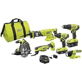 RYOBI P1819 18V One+ Lithium Ion Combo Kit (6 Tools: Drill/Driver, Impact Driver, Reciprocating Saw, Circular Saw, Multi-Tool, LED Worklight, 4.0 Ah &amp; 1.5 Ah Battery, Charger, Bag)