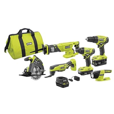 RYOBI P1819 18V One+ Lithium Ion Combo Kit (6 Tools: Drill/Driver, Impact Driver, Reciprocating Saw, Circular Saw, Multi-Tool, LED Worklight, 4.0 Ah & 1.5 Ah Battery, Charger, Bag)