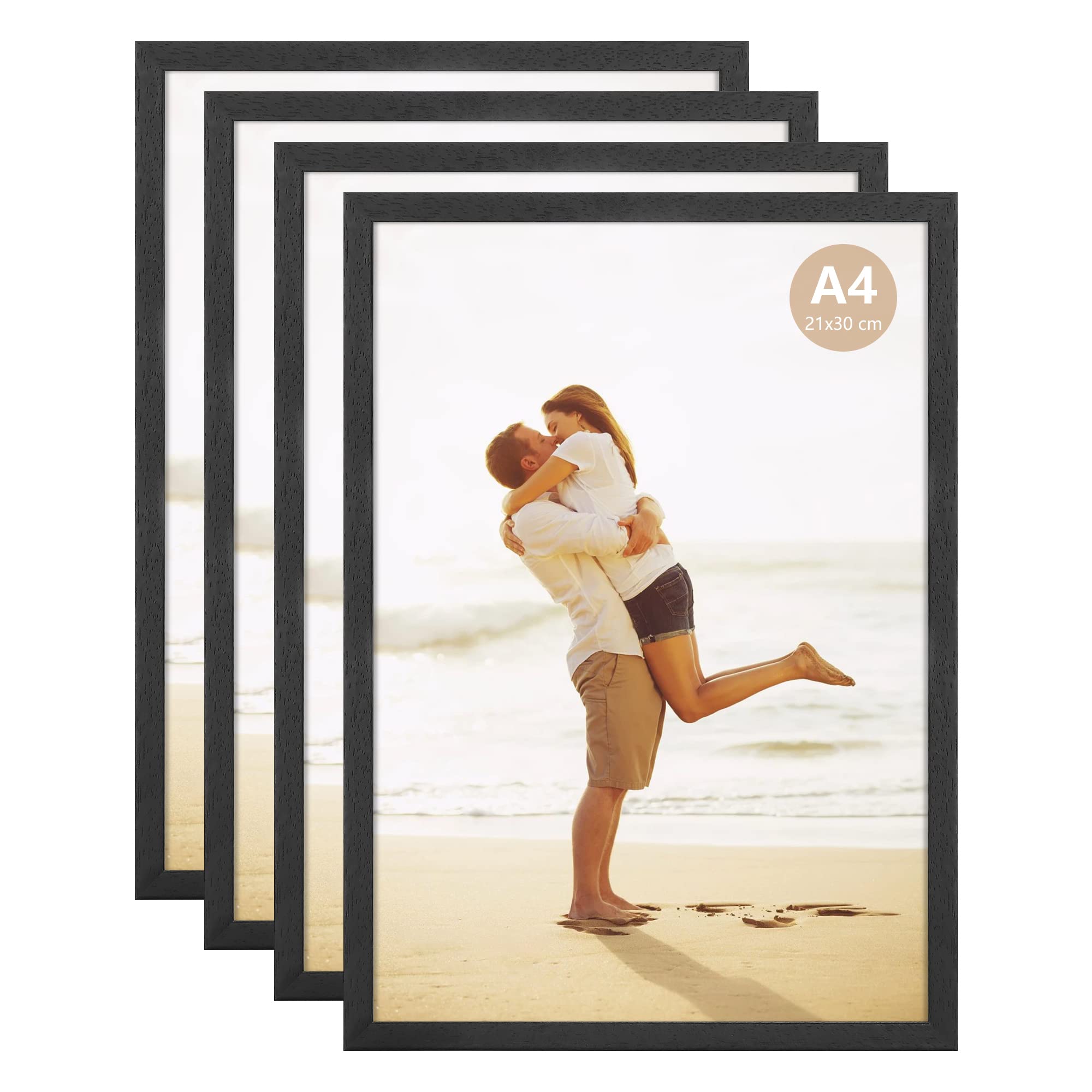 ATOBART A4 Photo Picture Frame, 21 X 30 CM Wood Black Certificate Frames for Wall Tabletop Display Horizontally or Vertically, Set of 4