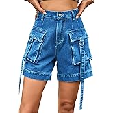 YOCUR Womens Cargo Denim Shorts - Summer Casual Vintage Loose Button Zipper Shorts