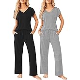 Ekouaer 2 Pack Womens Pajamas Short Sleeve Sleepwear Top with Pants Super-Soft Printed Lounge Sets S-XXL