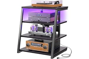 Armocity 4-Tier AV Media Stand with Power Strips, Stereo Stand with LED Lights, Rack Audio Tower with Adjustable Shelves, Small Entertainment Center, 30'', Black Ebony