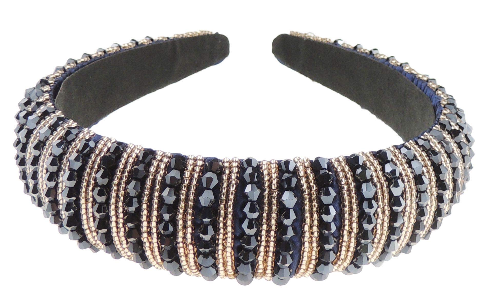 Womens Sparkly Beaded Rhinestone Embellished Jeweled Crystal Wide Bump Thick Padded Evening Formal Occasion Christmas Birthday Wedding Bridal Party Headband Hair Alice Band Hairband (Navy Gold)