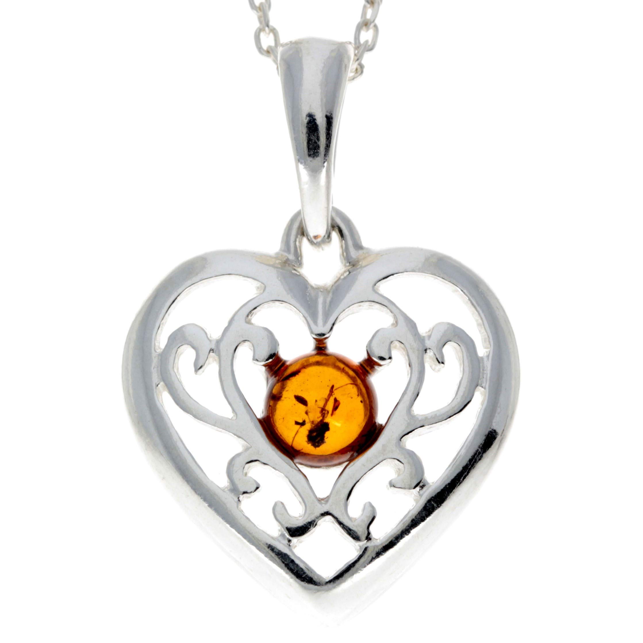 Genuine Cognac Baltic Amber & Sterling Silver Celtic Heart Pendant without Chain - GL2006C