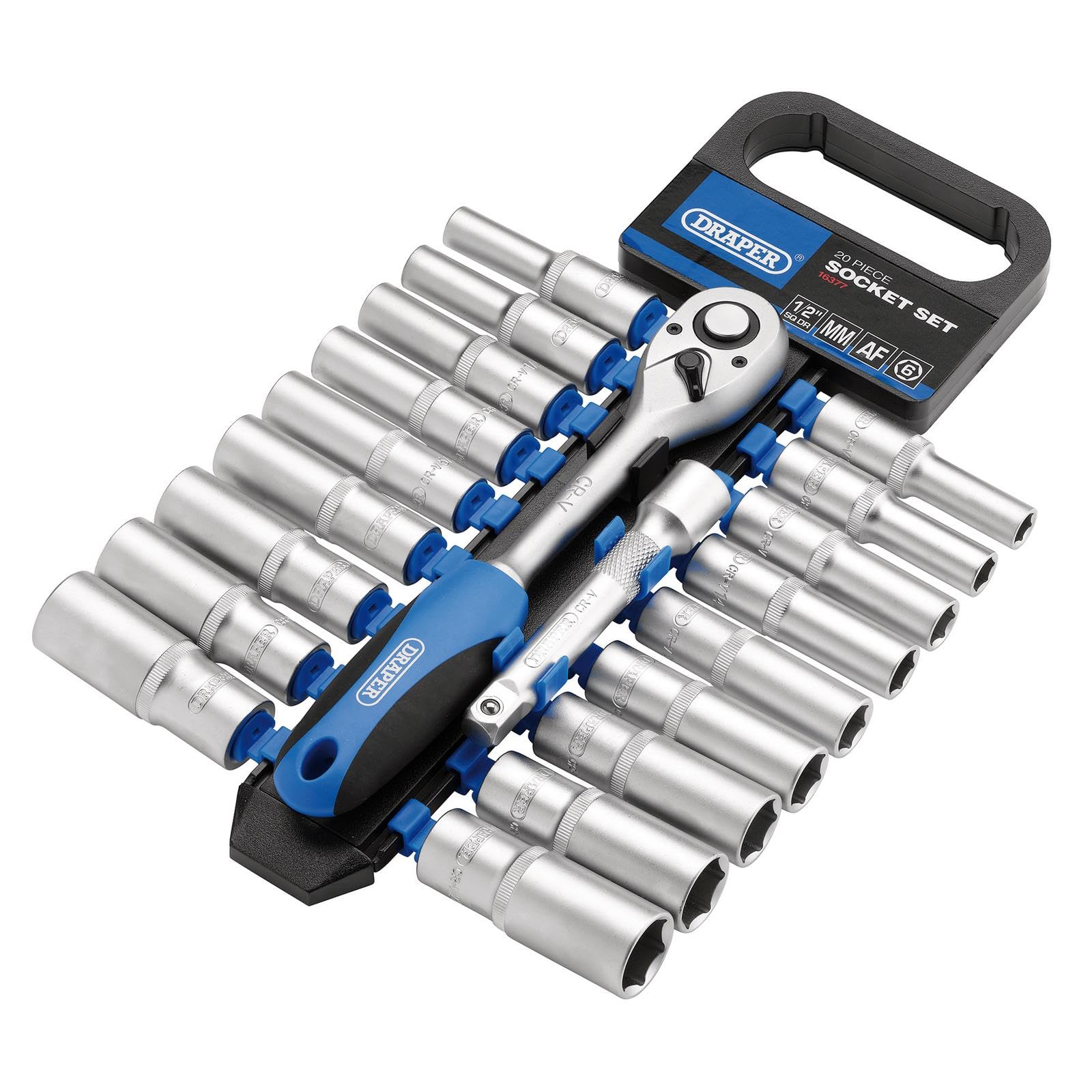 Draper 16377 1/2-Inch Square Drive Combined MM/AF Deep Socket and Ratchet 20 Piece Set , Blue