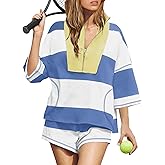 Women’s Striped 2 Piece Workout Set Casual Oversized Half Zip Top and Shorts Sets Retro Rugby Outfits with Pokcets
