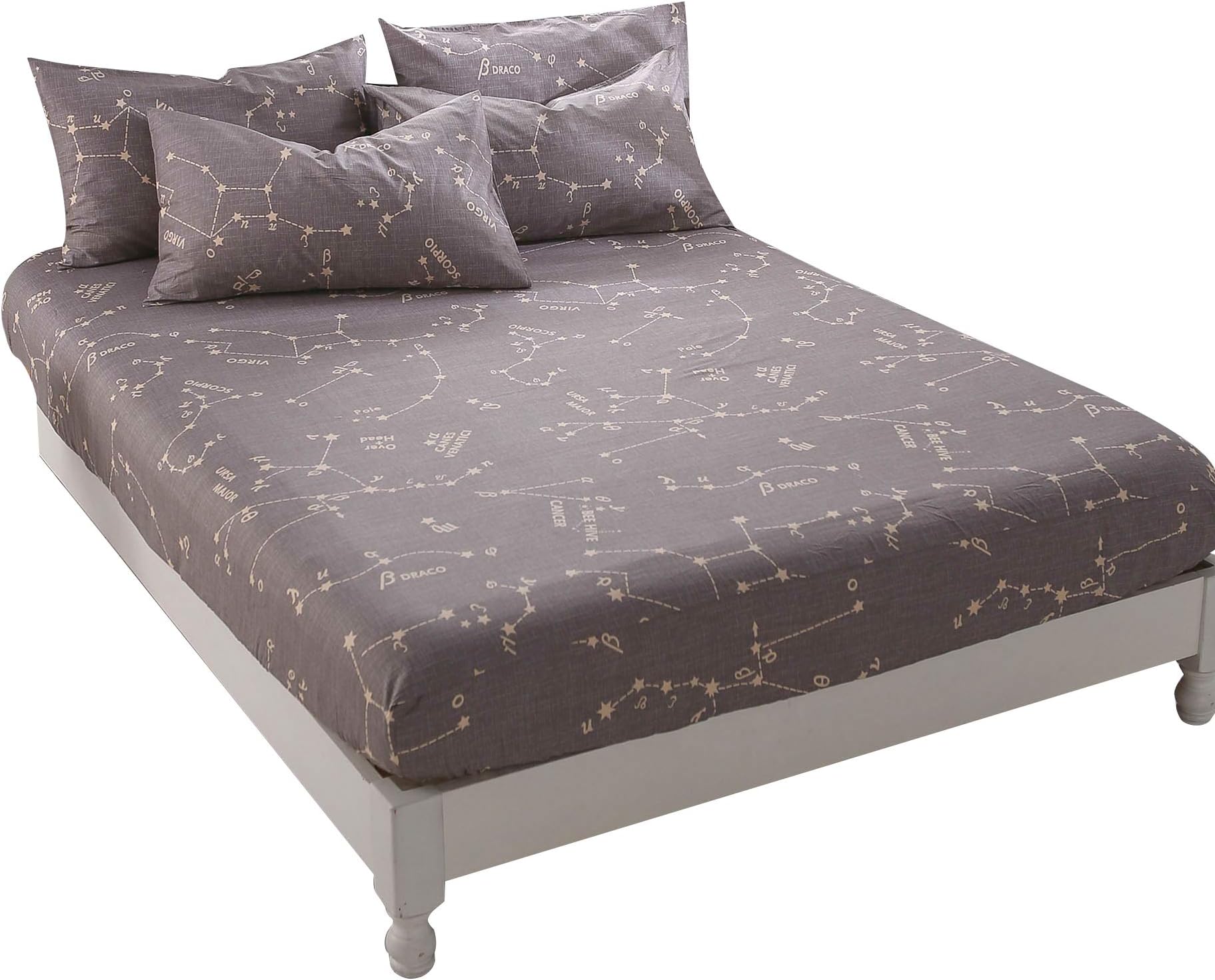 BuLuTu Deep Pocket Fitted Sheet Twin Only 100 Percent Cotton,Space Constellation Print Kids Fitted Bottom Sheet Twin Brown,Breathable,Soft,Premium Single Bed Sheet for Men Women(1 Piece)