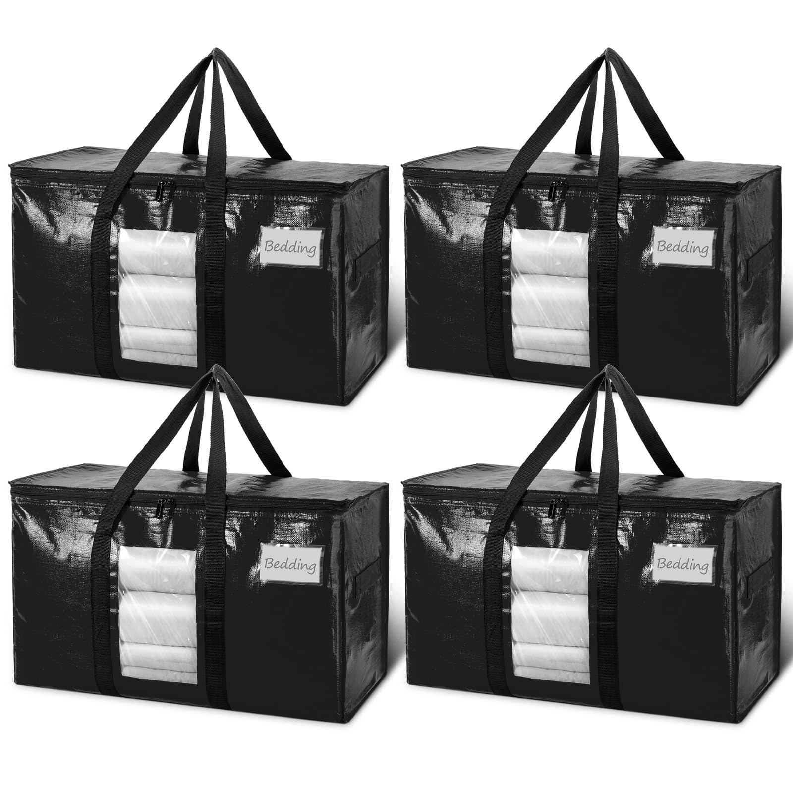 TAILI Moving Bags Extra Large Heavy Duty 4 Pack Storage Bags with Zips, Clear Window & Reinforced Handles, Black Storage Bags with Lid for Clothes,Moving,Travel,Beddings,Duvets
