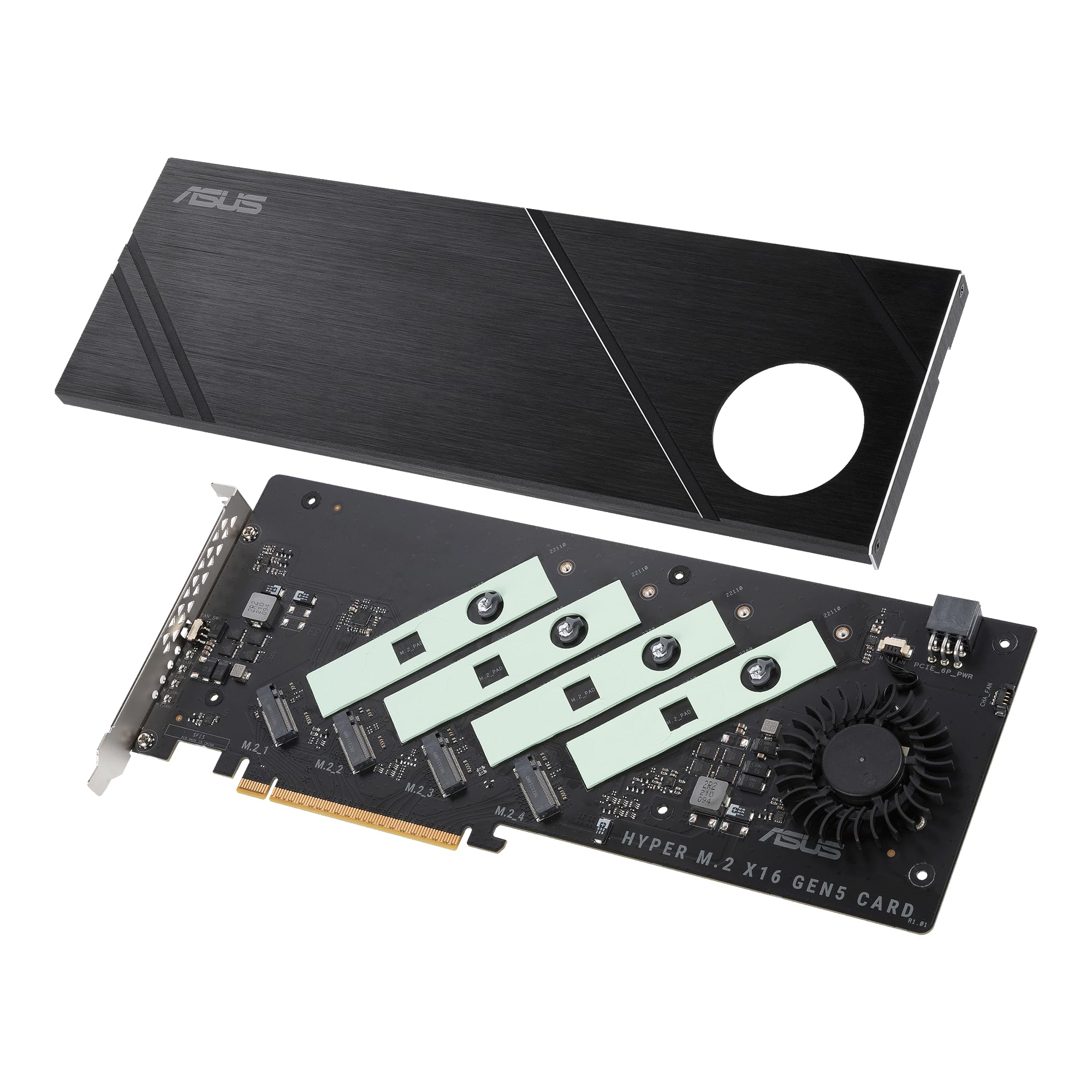 ASUS Hyper M.2 x16 Gen5 Card (PCIe 5.0/4.0) Supports Four NVMe M.2 (2242/2260/2280/22110) Devices up to 512 Gbps for AMD and Intel® Platform RAID Functions.