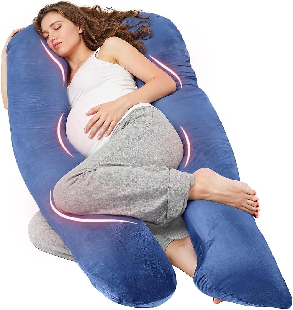 Nuliie Pregnancy Pillow U Shaped Full Body Maternity Support Navy Velvet Cover