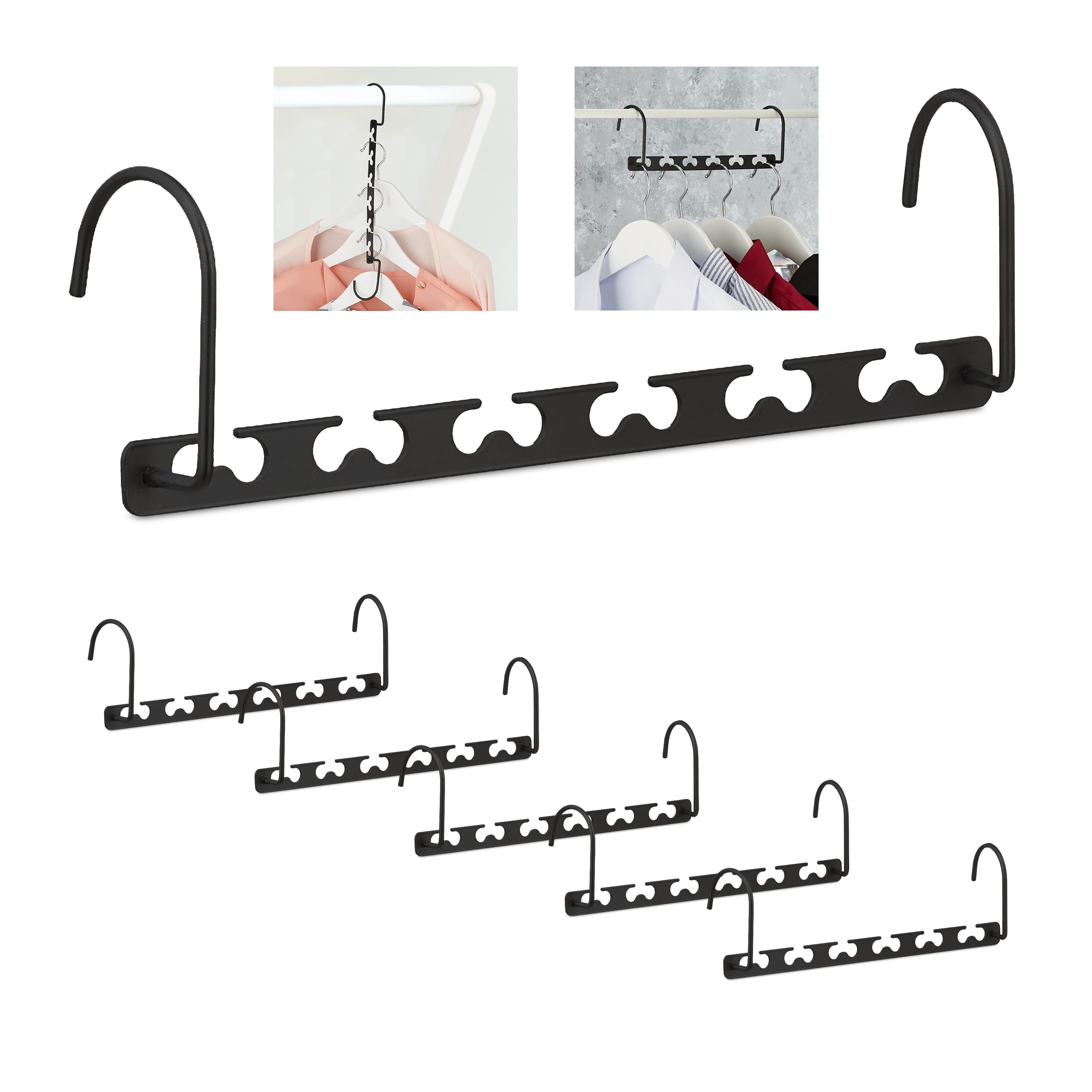 Relaxdays Clothes Hanger, 6x Set, Space-saving, Vertical, 12 Items, Extra, Closet, Storage, Solution, 26cm, Metal, Black