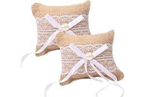 2PCS Burlap Ring Bearer Pillow Cushion with Lace Bow Bridal Wedding Ceremony Pocket Ring Holder for Proposal